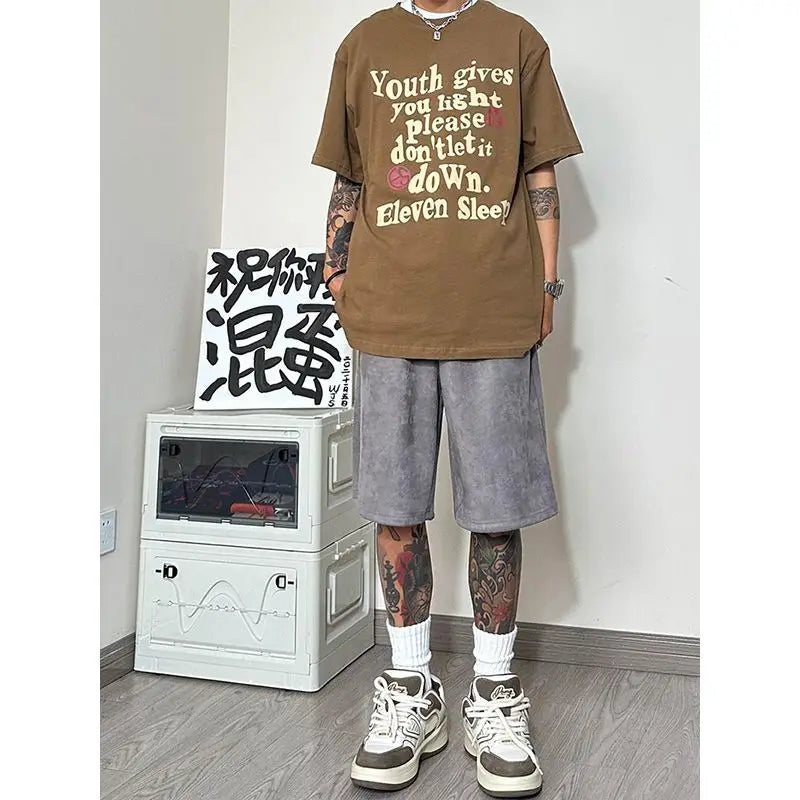 Shorts de camurça masculino verão all-match calças cortadas pernas largas soltas