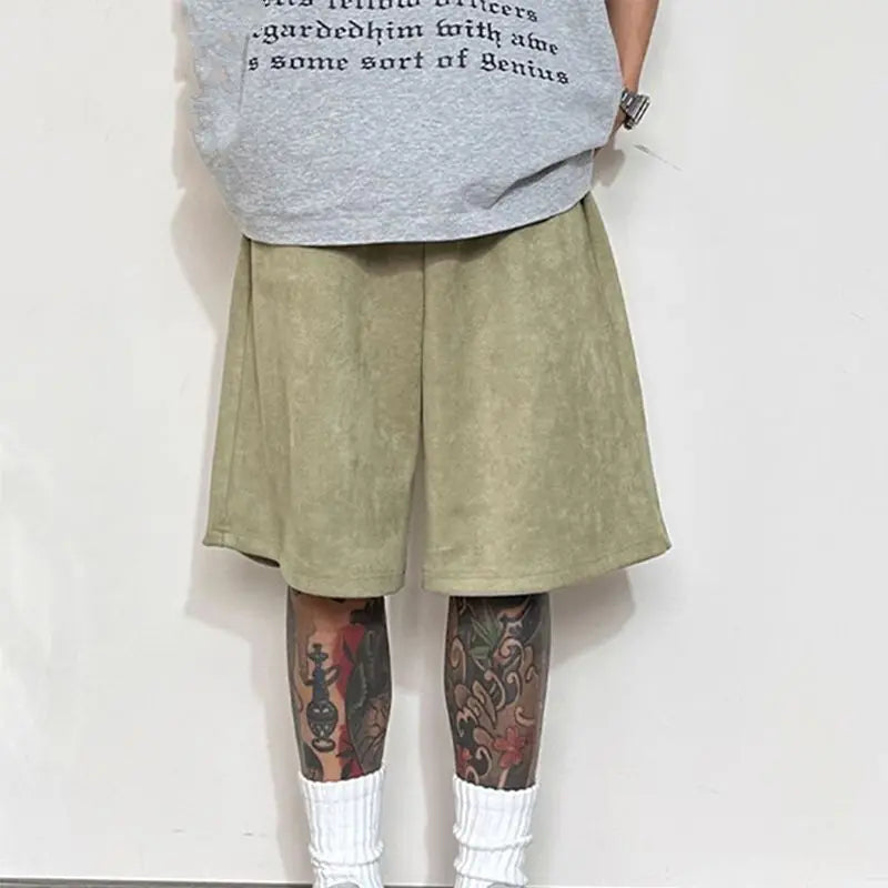 Shorts de camurça masculino verão all-match calças cortadas pernas largas soltas