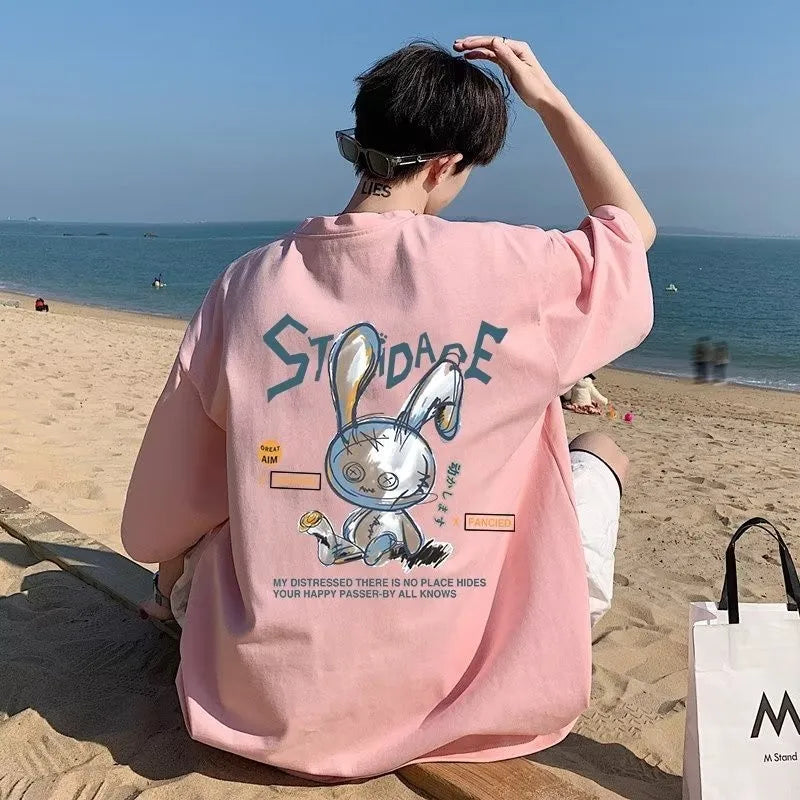 8xl masculino oversize moda coreana solto americano amor fantoche coelho impressão manga curta em torno do pescoço versátil tendência casal outfit