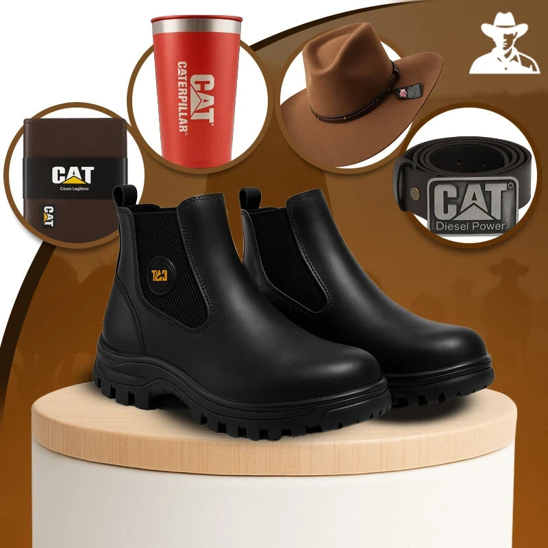 Bota Adventure Masculina em Couro Legítimo e Palmilha Ortopédica +BRINDES: Chapéu, Cinto, Carteira e Copo
